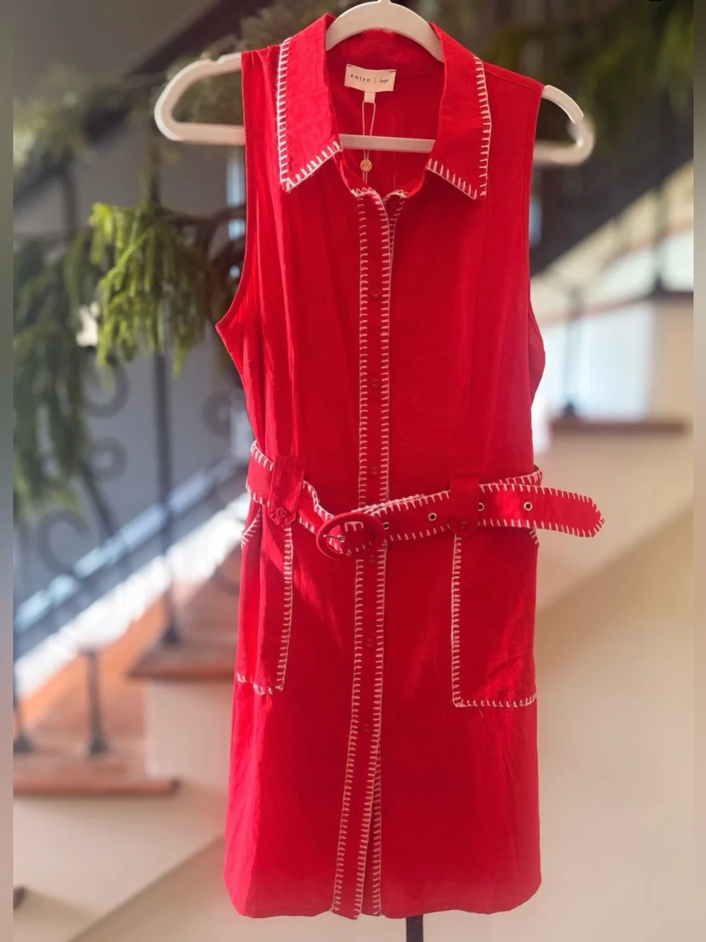❤️ NEW Sleeveless Button Down Belted Contrast Stitch Mini Dress Red ~ Large - Picture 3 of 5